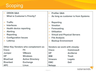  ORION Q&A
- What is Customer’s Priority?
 Traffic
 Interfaces
 Health device reporting
 Alerting
 Reporting
 Configuration Issues
 Latency
Other Key Vendors who complement us:
Cisco F5
Juniper VMware
HP Windows
BlueCoat Active Directory
Riverbed Exchange
APC Linux
Scoping
- Slide 6 -
 Profiler Q&A
- As long as customer is from Systems
 Reporting
 Vmotion
 Forecasting
 Utilization
 Virtual and Physical Servers
 File Analysis
 Backup Environment
Vendors we work with closely:
Cisco Commvault
HP ArcServe
IBM Tivoli
Vmware Legato
EMC Dell
Netapp Key Vendors who
complements us:
 
