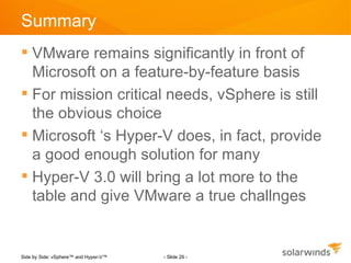 Summary
 VMware remains significantly in front of
  Microsoft on a feature-by-feature basis
 For mission critical needs, vSphere is still
  the obvious choice
 Microsoft ‘s Hyper-V does, in fact, provide
  a good enough solution for many
 Hyper-V 3.0 will bring a lot more to the
  table and give VMware a true challnges


Side by Side: vSphere™ and Hyper-V™   - Slide 29 -
 