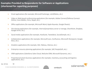 UK RESULTS
Examples Provided to Respondents for Software or Applications
(shortened for reporting purposes)
24
Base: 303 Total Q4
» Email applications (for example, Microsoft Exchange, LotUKNotes, etc.)
» Video or Web-based conferencing applications (for example, Adobe Connect/Defense Connect
Online, Cisco WebEx, Citrix, Skype, etc.)
» Office applications (for example, Microsoft Word, Apple Keynote, Google Sheets)
» File sharing applications (for example, Internal/proprietary server or storage, SharePoint, Dropbox,
Google Drive, etc.)
» Social media applications (for example, HootSuite, Tweetdeck, SocialOomph, etc.)
» Collaboration applications (for example, Microsoft Lync, Confluence, Microsoft Sharepoint, Google
Docs, etc.)
» Analytics applications (for example, SAS, Tableau, SiSense, etc.)
» Enterprise resource planning applications (for example, SAP, PeopleSoft, etc.)
» CRM applications (Salesforce Sales Cloud, NetSuite CRM, Microsoft Dynamics, etc.)
» Proprietary/custom business applications (for example, inventory, accounting and logistics
applications, etc.)
© 2014 SOLARWINDS WORLDWIDE, LLC. ALL RIGHTS RESERVED.
 