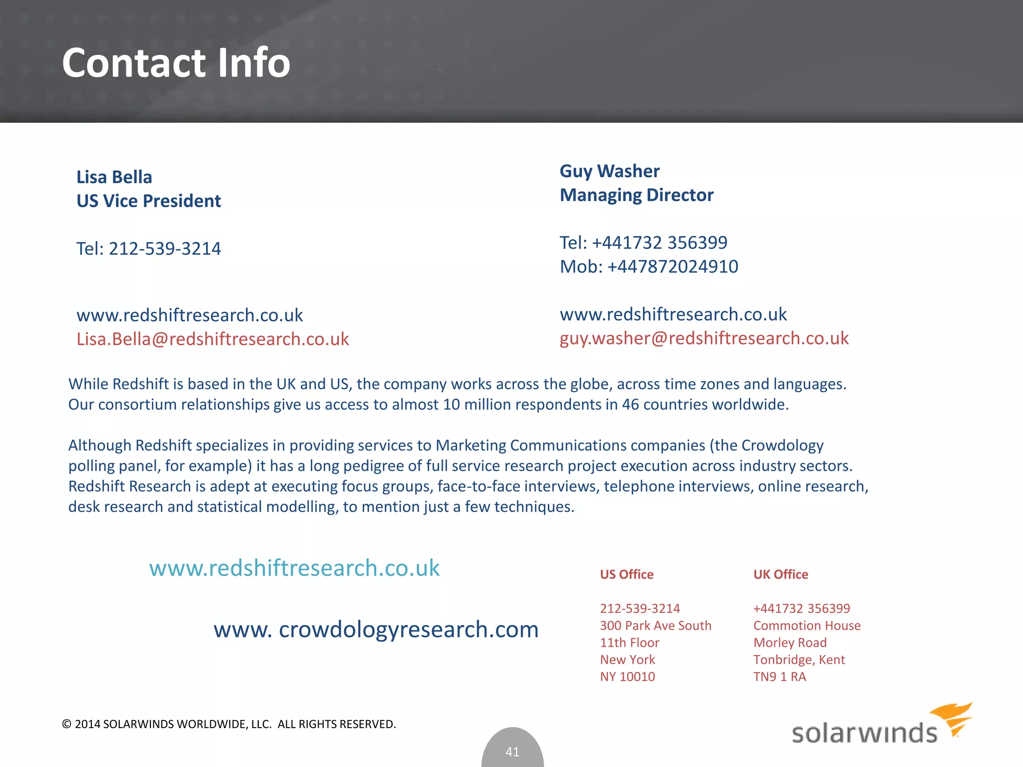 Contact Info 
While Redshift is based in the UK and US, the company works across the globe, across time zones and languages. 
Our consortium relationships give us access to almost 10 million respondents in 46 countries worldwide. 
Although Redshift specializes in providing services to Marketing Communications companies (the Crowdology 
polling panel, for example) it has a long pedigree of full service research project execution across industry sectors. 
Redshift Research is adept at executing focus groups, face-to-face interviews, telephone interviews, online research, 
desk research and statistical modelling, to mention just a few techniques. 
41 
Guy Washer 
Managing Director 
Tel: +441732 356399 
Mob: +447872024910 
www.redshiftresearch.co.uk 
guy.washer@redshiftresearch.co.uk 
Lisa Bella 
US Vice President 
Tel: 212-539-3214 
www.redshiftresearch.co.uk 
Lisa.Bella@redshiftresearch.co.uk 
US Office UK Office 
212-539-3214 +441732 356399 
300 Park Ave South Commotion House 
11th Floor Morley Road 
New York Tonbridge, Kent 
NY 10010 TN9 1 RA 
www.redshiftresearch.co.uk 
www. crowdologyresearch.com 
© 2014 SOLARWINDS WORLDWIDE, LLC. ALL RIGHTS RESERVED. 
 