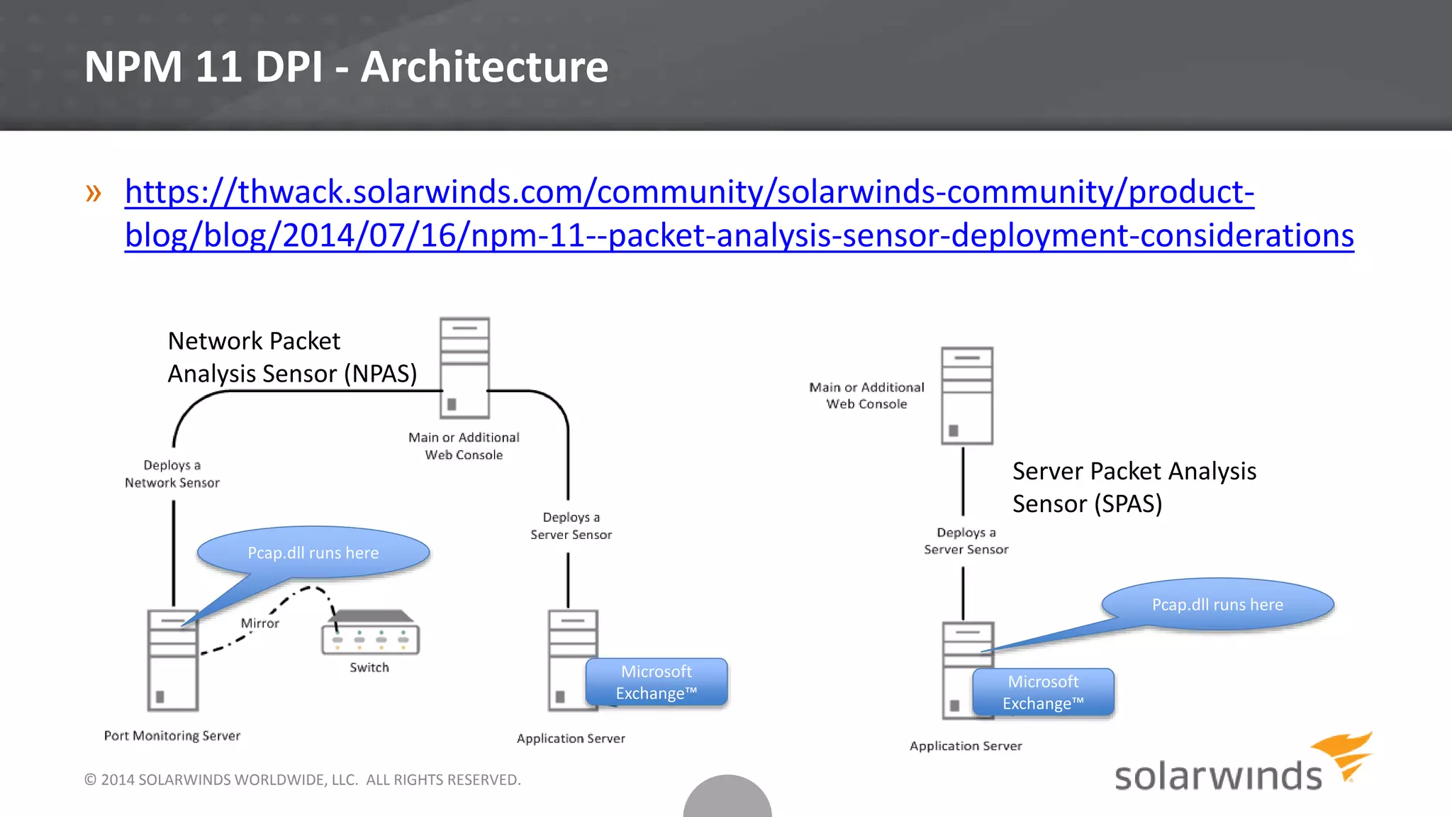 Microsoft
Exchange™
Microsoft
Exchange™
© 2014 SOLARWINDS WORLDWIDE, LLC. ALL RIGHTS RESERVED.
NPM 11 DPI - Architecture
» https://thwack.solarwinds.com/community/solarwinds-community/product-
blog/blog/2014/07/16/npm-11--packet-analysis-sensor-deployment-considerations
Network Packet
Analysis Sensor (NPAS)
Server Packet Analysis
Sensor (SPAS)
Pcap.dll runs here
Pcap.dll runs here
 