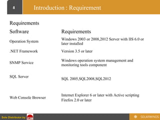 4
Sole Distributor bySole Distributor by
Introduction : Requirement
Requirements
Software Requirements
Operation System
Windows 2003 or 2008,2012 Server with IIS 6.0 or
later installed
.NET Framework Version 3.5 or later
SNMP Service
Windows operation system management and
monitoring tools component
SQL Server
SQL 2005,SQL2008,SQL2012
Web Console Browser
Internet Explorer 6 or later with Active scripting
Firefox 2.0 or later
 