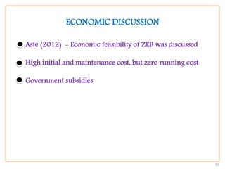 16
ECONOMIC DISCUSSION
Aste (2012) - Economic feasibility of ZEB was discussed
High initial and maintenance cost, but zero running cost
Government subsidies
 