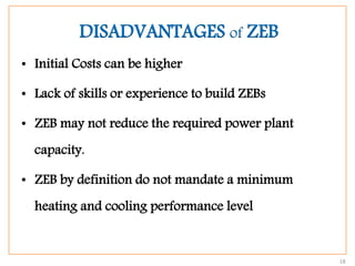 DISADVANTAGES of ZEB
• Initial Costs can be higher
• Lack of skills or experience to build ZEBs
• ZEB may not reduce the required power plant
capacity.
• ZEB by definition do not mandate a minimum
heating and cooling performance level
18
 