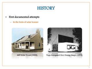 HISTORY
• First documented attempts
– In the form of solar houses
MIT Solar House (1939) Vagn Korsgaard Zero Energy Home (1973)
5
 