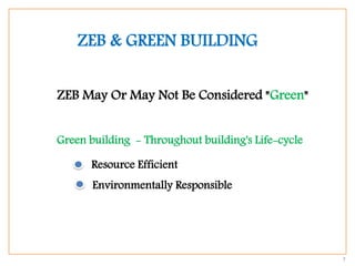 7
ZEB & GREEN BUILDING
ZEB May Or May Not Be Considered "Green"
Environmentally Responsible
Resource Efficient
Green building - Throughout building's Life-cycle
 