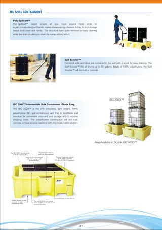 31
Poly-Spillcart™
Poly-Spillcart™ caster wheels let you move around freely while its
ergonomically-designed handle makes maneuvering a breeze. A tray for tool storage
keeps tools clean and handy. The structural foam grate removes for easy cleaning
while the drain pluglets you drain the sump without effort.
IBC 2000i™ Intermediate Bulk Containmen t Made Easy.
The IBC 2000i™ is the only one-piece, light weight, 100%
polyethylene IBC spill containment unit that is forkliftable and
nestable for convenient shipment and storage and it reduces
shipping costs. The polyethylene construction will not rust,
corrode, or have adverse reactions with chemicals. Optional drain.
Spill Scooter™
Incidental spills and drips are contained in the well with a spout for easy draining. The
Spill Scooter™ ﬁts all drums up to 55 gallons. Made of 100% polyethylene, the Spill
Scooter™ will not rust or corrode.
IBC 2000i™
Also Available in Double IBC 4000i™
OIL SPILL CONTAINMENT
 