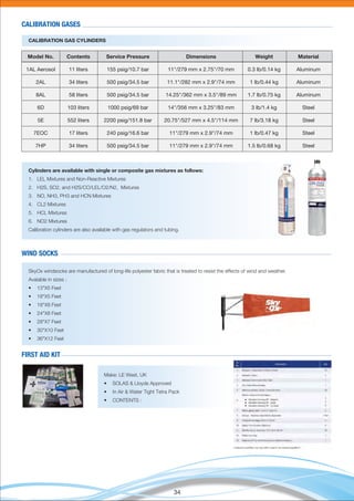 34
CALIBRATION GAS CYLINDERS
CALIBRATION GASES
WIND SOCKS
Model No. Contents Service Pressure Dimensions Weight Material
1AL Aerosol 11 liters 155 psig/10.7 bar 11"/279 mm x 2.75"/70 mm 0.3 lb/0.14 kg Aluminum
2AL 34 liters 500 psig/34.5 bar 11.1"/282 mm x 2.9"/74 mm 1 lb/0.44 kg Aluminum
8AL 58 liters 500 psig/34.5 bar 14.25"/362 mm x 3.5"/89 mm 1.7 lb/0.75 kg Aluminum
6D 103 liters 1000 psig/69 bar 14"/356 mm x 3.25"/83 mm 3 lb/1.4 kg Steel
5E 552 liters 2200 psig/151.8 bar 20.75"/527 mm x 4.5"/114 mm 7 lb/3.18 kg Steel
7EOC 17 liters 240 psig/16.6 bar 11"/279 mm x 2.9"/74 mm 1 lb/0.47 kg Steel
7HP 34 liters 500 psig/34.5 bar 11"/279 mm x 2.9"/74 mm 1.5 lb/0.68 kg Steel
Cylinders are available with single or composite gas mixtures as follows:
1. LEL Mixtures and Non-Reactive Mixtures
2. H2S, SO2, and H2S/CO/LEL/O2/N2, Mixtures
3. NO, NH3, PH3 and HCN Mixtures
4. CL2 Mixtures
5. HCL Mixtures
6. NO2 Mixtures
Calibration cylinders are also available with gas regulators and tubing.
SkyOx windsocks are manufactured of long-life polyester fabric that is treated to resist the effects of wind and weather.
Avaiable in sizes :
• 13"X5 Feet
• 18"X5 Feet
• 18"X8 Feet
• 24"X8 Feet
• 28"X7 Feet
• 30"X10 Feet
• 36"X12 Feet
FIRST AID KIT
Make: LE West, UK
• SOLAS & Lloyds Approved
• In Air & Water Tight Tetra Pack
• CONTENTS :
 