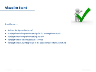 For internal use only© Hint AG 2013
Aktueller Stand
26.02.2015 | Seite 13
Stand heute…..
 Aufbau der Systemlandschaft
 Konzeptionund Implementierungdes ZIS Management Tools
 Konzeptionund ImplementierungZIS Tool
 Konzeptiondes Datenaustausch-Service
 Konzeptionder ZIS Integration in die bestehende Systemlandschaft
 