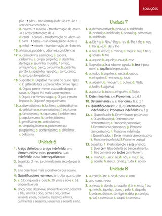 SOLUÇÕES
pão ➝ pães – transformação de -ão em -ãe e
acrescentamento de -s
d. nuvem ➝ nuvens – transformação de -m em
-n e acrescentamento de -s
e. canal ➝ canais – transformação de -al em -ais
f. barril ➝ barris – transformação de -il em -is
g. míssil ➝ mísseis – transformação de -il em -eis
16. alvíssaras, parabéns, pêsames, condolências
17. a. camisolinha, camisolão; b. cadeira,
cadeirinha; c. corpo, corpinho; d. dentinho,
dentuça; e. murinho, muralha; f. amigo,
amiguinho; g. barco, barquinho; h. portinha,
portão; i. rapazinho, rapagão; j. carro, carrão;
k. gato, gatão (gatarrão)
18. Sugestão: b. O gato é mais alto do que o rapaz.
c. O gato está tão surpreendido como o rapaz.
d. O gato parece menos assustado do que o
rapaz. e. O gato é o mais surpreendente.
f. O gato é o menos vulgar. g. O gato é muito
felpudo. h. O gato é engraçadíssimo.
19. a. divertidíssimo; b. facílimo; c. distraidíssimo;
d. velhíssimo; e. manhosíssimo; f. tristíssimo;
g. famosíssimo; h. riquíssimo; i. celebérrimo;
j. popularíssimo; k. conhecidíssimo;
l. gentilíssimo; m. antiquíssimo;
n. simpatiquíssimo; o. pobríssimo ou
paupérrimo; p. contentíssimo; q. dificílimo;
r. belíssimo
Unidade 6
1. Artigo definido: o; artigo indefinido: um;
demonstrativo: estes; possessivo: tuas;
indefinido: outra; interrogativo: que
2. Sugestão: O meu jardim está mais seco do que o
teu.
3. Este desenho é mais sugestivo do que aquele.
4. Quantificadores numerais: um, oito, quatro, sete
5. a. 52: cinquenta e dois; b. 29: vinte e nove c. 53:
cinquenta e três
6. cinco, doze, dezanove, cinquenta e cinco, sessenta
e três, setenta e dois, cento e dez, cento e
sessenta e sete, duzentos, trezentos e trinta,
quinhentos e sessenta, seiscentos e setenta e oito.
Unidade 7
1. a. demonstrativo; b. pessoal; c. indefinido;
d. pessoal; e. indefinido; f. pessoal; g. possessivo;
h. indefinido
2. a. Ele / o; b. Nós / -lhe; c. -as; d. -lhe / ele; e. nos;
f. lho; g. -o; h. Elas / lho
3. a. teu; b. vossos; c. minha; d. meu; e. sua; f. teus;
g. vossas; h. tua
4. a. aquele; b. aquele; c. esta; d. esse
5. Sugestão: a. Isto não me agrada. b. Isso é para
mim? c. Aquilo foi espetacular.
6. a. todos; b. alguém; c. nada; d. outros;
e. ninguém; f. nenhuns; g. tudo.
7. a. alguém; b. ninguém; c. outros; d. Nada;
e. todos; f. algumas
8. a. pouco; b. tudo; c. ninguém; d. Todos
9. Determinantes: a, e; Pronomes: b, c, d, f
10. Determinantes: a, e; Pronomes: b, c, d, f
11. Quantificadores: b, c, d, h; Determinantes
indefinidos: e; Pronomes indefinidos: a, f, g
12. a. Quantificador b. Determinante possessivo;
c. Quantificador; d. Determinante
demonstrativo; e. Pronome possessivo;
f. Determinante possessivo; g. Pronome
demonstrativo; h. Pronome indefinido;
i. Quantificador; j. Determinante demonstrativo;
k. Pronome indefinido; l. Pronome pessoal
13. Sugestão: 1. Presta atenção a este anúncio.
2. Doei cem latas de leite ao banco alimentar.
3. Fico contente por todos contribuírem.
14. a. minha; b. um; c. se; d. nós; e. me; f. eu;
g. aquele; h. meu; i. cinco; j. tudo; k. nosso
Unidade 8
1. a. com; b. até; c. de; d. para; e. com
2. aos, numa, nessa
3. a. nessa; b. donde; c. naquilo; d. à; e. nisto; f. ao;
g. nele; h. àquele; i. dum; j. pelo; k. daquele;
l. pela; m. disso; n. comigo; o. dela; p. consigo;
q. daí; r. connosco; s. daqui; t. convosco
 