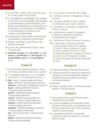 SOLUÇÕES
4. a. na; b. Pelo; c. Pelos; d. Pela; e. Na; f. No; g. ao;
h. à; i. nele; j. deles; k. do; l. noutra
5. a. com lealdade; b. com lentidão; c. com simpatia;
d. com fúria e. com tranquilidade; f. com saudade;
g. com solenidade; h. com descontração; i. com
paixão; j. com velocidade; k. com aplicação; l. com
sentimento; m. com honradez; n. com violência;
o. com dignidade; p. com tristeza; q. com
coragem; r. com agressividade
6. a. preposição; b. determinante; c. determinante;
d. preposição; e. preposição; f. determinante
7. Vinheta 1: já; Vinheta 2: hoje; Vinheta 3: não;
Vinheta 6: lá (exceto)
8. a. sim; b. ali; c. solenemente; d. mais; e. antes;
f. muito; g. não
9. Advérbios: de lugar: perto; de modo: assim; de
tempo: já; de afirmação: sim; de negação: não;
de quantidade e grau: muito; interrogativo:
como
Unidade 9
1. a. é; b. descobriu, apareceu, pareceu; c. rezava,
tinha, falava; d. aparecera, fora, tirara; e. quisesse
2. 1.ª conjugação: jogar, jogu-, -a; 2.ª conjugação:
vencer, venc-, -e; 3.ª conjugação: sorrir, sorr-, -i
3. farei – futuro, 1.ª pessoa singular, verbo fazer
amas – presente, 2.ª pessoa singular, verbo amar
seríamos – condicional, 1.ª pessoa plural, verbo ser
houve – pretérito perfeito do indicativo,
3.ª pessoa singular, verbo haver
partiste – pretérito perfeito do indicativo,
2.ª pessoa plural, verbo partir
comera – pretérito mais-que-perfeito do
indicativo, 3.ª pessoa singular, verbo comer
estiveste – pretérito perfeito do indicativo,
2.ª pessoa singular, verbo estar
estudasse – pretérito imperfeito do conjuntivo,
1.ª pessoa singular, verbo estudar
sair – futuro do conjuntivo, 1.ª pessoa singular,
verbo sair
bebiam – pretérito imperfeito do indicativo,
3.ª pessoa plural, verbo beber
4. 1. Usa; 2. Gasta; 3. Escreve; 4. Faz; 5. Coloca
5. 1. conduza; 2. comam, 3. cheguemos; 4. faças;
5. tenhas
6. 1. consigas; 2. tenham; 3. faças; 4. estejas;
5. comprem; 6. haja; 7. sejas; 8. entremos
7. 1. conduzisse; 2. comessem; 3. chegássemos;
4. fosse; 5. tivesses
8. 1. comêssemos; 2. viajasse; 3. estudasses;
4. fizesses; 5. partilhasses; 6. falassem;
7. participássemos; 8. pudesse
9. 1. concluirmos; 2. lerem; 3. sairmos; 4. quiseres
10. 1. fugi; 2. ficou; 3. estava; 4. encontrara;
5. achou; 6. fora; 7. teve; 8. faz; 9. apareça;
10. sinto; 11. disse; 12. pensava; 13. veria;
14. vou; 15. voaram; 16. há; 17. é; 18. foi;
19. estava; 20. queria; 21. conseguiu; 22. achou;
23. eram; 24. vi; 25. reagiu; 26. conseguiu;
27. ouvia; 28. passasse; 29. fizesse; 30. pensava;
31. iriam
Unidade 10
1. a. Modo imperativo; b. Presente do conjuntivo
2. a. Pretérito perfeito do indicativo; b. Presente do
indicativo; c. Pretérito imperfeito do indicativo;
d. Pretérito mais-que-perfeito do indicativo;
e. Futuro do indicativo
3. Gerúndio
4. amado – particípio; comer – infinitivo impessoal;
lavarmos – infinitivo pessoal
Unidade 11
1. tinha passado; tinha ouvido; tinha visto; tinha
conseguido; teres percebido
2. a. tenho convidado; b. terá concluído; c. tenha
passado; d. tinha ouvido; e. ter estudado; f. terias
lido; g. terei pescado; h. têm escrito; i. tínhamos
viajado; j. tivessem partido
3. a. prendido, preso; b. lido; c. suspendido,
suspenso; d. imprimido, impresso; e. acendido,
aceso; f. ouvido
 