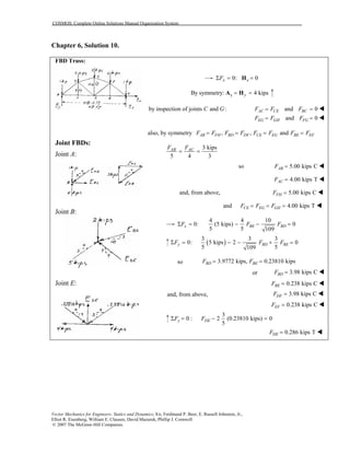 COSMOS: Complete Online Solutions Manual Organization System
Vector Mechanics for Engineers: Statics and Dynamics, 8/e, Ferdinand P. Beer, E. Russell Johnston, Jr.,
Elliot R. Eisenberg, William E. Clausen, David Mazurek, Phillip J. Cornwell
© 2007 The McGraw-Hill Companies.
Chapter 6, Solution 10.
FBD Truss:
Joint FBDs:
Joint A:
Joint B:
Joint E:
0: 0x xFΣ = =H
yBy symmetry: 4 kipsy= =A H
by inspection of joints and :C G and 0AC CE BCF F F= =
and 0EG GH FGF F F= =
also, by symmetry , , andAB FH BD DF CE EG BE EFF F F F F F F F= = = =
3 kips
5 4 3
AB ACF F
= =
so 5.00 kips CABF =
4.00 kips TACF =
and, from above, 5.00 kips CFHF =
and 4.00 kips TCE EG GHF F F= = =
4 4 10
0: (5 kips) 0
5 5 109
x BE BDF F FΣ = − − =
( )
3 3 3
0: 5 kips 2 0
5 5109
y BD BEF F FΣ = − − + =
so 3.9772 kips, 0.23810 kipsBD BEF F= =
or 3.98 kips CBDF =
0.238 kips CBEF =
and, from above, 3.98 kips CDFF =
0.238 kips CEFF =
3
0 : 2 (0.23810 kips) 0
5
y DEF FΣ = − =
0.286 kips TDEF =
 