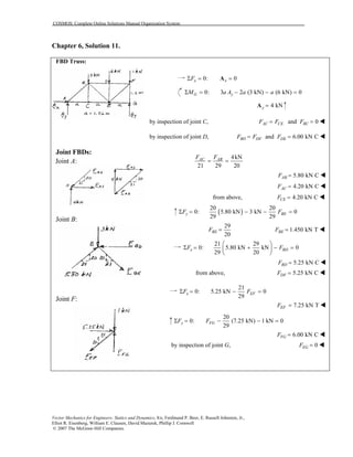 COSMOS: Complete Online Solutions Manual Organization System
Vector Mechanics for Engineers: Statics and Dynamics, 8/e, Ferdinand P. Beer, E. Russell Johnston, Jr.,
Elliot R. Eisenberg, William E. Clausen, David Mazurek, Phillip J. Cornwell
© 2007 The McGraw-Hill Companies.
Chapter 6, Solution 11.
FBD Truss:
Joint FBDs:
Joint A:
Joint B:
Joint F:
0: 0x xFΣ = =A
0: 3 2 (3 kN) (6 kN) 0G yM a A a aΣ = − − =
4 kNy =A
by inspection of joint C, and 0AC CE BCF F F= =
by inspection of joint D, and 6.00 kN CBD DF DEF F F= =
4kN
21 29 20
AC ABF F
= =
5.80 kN CABF =
4.20 kN CACF =
from above, 4.20 kN CCEF =
( )
20 20
0: 5.80 kN 3 kN 0
29 29
y BEF FΣ = − − =
29
20
BEF = 1.450 kN TBEF =
21 29
0: 5.80 kN kN 0
29 20
x BDF F
 
Σ = + − = 
 
5.25 kN CBDF =
from above, 5.25 kN CDFF =
21
0: 5.25 kN 0
29
x EFF FΣ = − =
7.25 kN TEFF =
20
0: (7.25 kN) 1 kN 0
29
y FGF FΣ = − − =
6.00 kN CFGF =
by inspection of joint G, 0EGF =
 