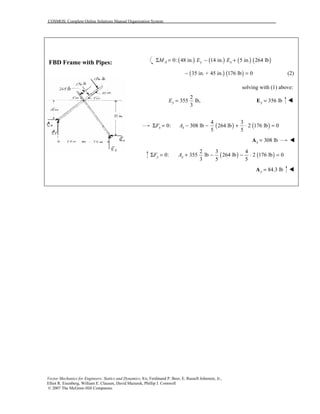 COSMOS: Complete Online Solutions Manual Organization System
Vector Mechanics for Engineers: Statics and Dynamics, 8/e, Ferdinand P. Beer, E. Russell Johnston, Jr.,
Elliot R. Eisenberg, William E. Clausen, David Mazurek, Phillip J. Cornwell
© 2007 The McGraw-Hill Companies.
FBD Frame with Pipes: ( ) ( ) ( ) ( )0: 48 in. 14 in. 5 in. 264 lbA y xM E EΣ = − +
( ) ( )35 in. + 45 in. 176 lb 0− = (2)
solving with (1) above:
2
355 lb,
3
yE = 356 lby =E !
( ) ( )
4 3
0: 308 lb 264 lb 2 176 lb 0
5 5
x xF AΣ = − − + ⋅ =
308 lbx =A !
( ) ( )
2 3 4
0: 355 lb 264 lb 2 176 lb 0
3 5 5
y yF AΣ = + − − ⋅ =
84.3 lby =A !
 