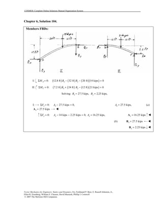 COSMOS: Complete Online Solutions Manual Organization System
Vector Mechanics for Engineers: Statics and Dynamics, 8/e, Ferdinand P. Beer, E. Russell Johnston, Jr.,
Elliot R. Eisenberg, William E. Clausen, David Mazurek, Phillip J. Cornwell
© 2007 The McGraw-Hill Companies.
Chapter 6, Solution 104.
Members FBDs:
I: ( ) ( ) ( )( )0: 12.8 ft 32 ft 20 ft 14 kips 0A x yM B BΣ = − − =
II: ( ) ( ) ( )( )0: 7.2 ft 24 ft 12 ft 21 kips 0C x yM B BΣ = + − =
Solving: 27.5 kips, 2.25 kips,x yB B= =
I: 0: 27.5 kips 0,x xF AΣ = − = 27.5 kips,xA = (a)
27.5 kipsx =A !
0: 14 kips 2.25 kips 0,y yF AΣ = − − = 16.25 kips,yA = 16.25 kipsy =A !
(b) 27.5 kipsx =B !
2.25 kipsy =B !
 