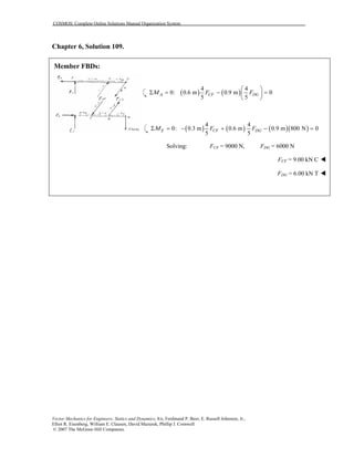 COSMOS: Complete Online Solutions Manual Organization System
Vector Mechanics for Engineers: Statics and Dynamics, 8/e, Ferdinand P. Beer, E. Russell Johnston, Jr.,
Elliot R. Eisenberg, William E. Clausen, David Mazurek, Phillip J. Cornwell
© 2007 The McGraw-Hill Companies.
Chapter 6, Solution 109.
Member FBDs:
( ) ( )
4 4
0: 0.6 m 0.9 m 0
5 5
CF DGF FΑΜ
 
Σ = − = 
 
( ) ( ) ( )( )
4 4
0: 0.3 m 0.6 m 0.9 m 800 N 0
5 5
CF DGF FΕΜΣ = − + − =
Solving: FCF = 9000 N, FDG = 6000 N
FCF = 9.00 kN C
FDG = 6.00 kN T
 