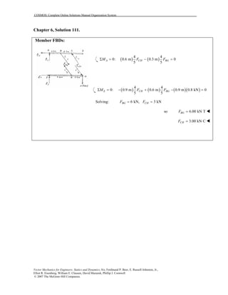 COSMOS: Complete Online Solutions Manual Organization System
Vector Mechanics for Engineers: Statics and Dynamics, 8/e, Ferdinand P. Beer, E. Russell Johnston, Jr.,
Elliot R. Eisenberg, William E. Clausen, David Mazurek, Phillip J. Cornwell
© 2007 The McGraw-Hill Companies.
Chapter 6, Solution 111.
Member FBDs:
( ) ( )
4 4
0: 0.6 m 0.3 m 0
5 5
A CH BGM F FΣ = − =
( ) ( ) ( )( )
4 4
0: 0.9 m 0.6 m 0.9 m 0.8 kN 0
5 5
E CH BGM F FΣ = − + − =
Solving: 6 kN, 3 kNBG CHF F= =
so 6.00 kN TBGF =
3.00 kN CCHF =
 