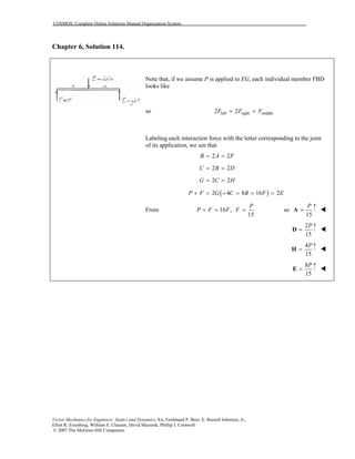 COSMOS: Complete Online Solutions Manual Organization System
Vector Mechanics for Engineers: Statics and Dynamics, 8/e, Ferdinand P. Beer, E. Russell Johnston, Jr.,
Elliot R. Eisenberg, William E. Clausen, David Mazurek, Phillip J. Cornwell
© 2007 The McGraw-Hill Companies.
Chapter 6, Solution 114.
Note that, if we assume P is applied to EG, each individual member FBD
looks like
so left right middle2 2F F F= =
Labeling each interaction force with the letter corresponding to the joint
of its application, we see that
( )
2 2
2 2
2 2
2 4 8 16 2
B A F
C B D
G C H
P F G C B F E
= =
= =
= =
+ = = = = =
From 16 ,
15
P
P F F F+ = = so
15
P
=A
2
15
P
=D
4
15
P
=H
8
15
P
=E
 