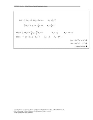 COSMOS: Complete Online Solutions Manual Organization System
Vector Mechanics for Engineers: Statics and Dynamics, 8/e, Ferdinand P. Beer, E. Russell Johnston, Jr.,
Elliot R. Eisenberg, William E. Clausen, David Mazurek, Phillip J. Cornwell
© 2007 The McGraw-Hill Companies.
FBD I: 0: 5 2 0A yM aB aPΣ = − =
2
5
y P=B
2
0: 0
5
y yF A P PΣ = − + =
3
5
y P=A
FBD II:
5
0: 0
2 2
c x y
a a
M B BΣ = − = 5x yB B= 2x P=B
FBD I: 0: 0x x xF A BΣ = + = x xA B= − 2x P=A
2.09P=A 16.70° !
2.04P=B 11.31° !
System is rigid !
 