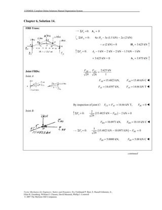 COSMOS: Complete Online Solutions Manual Organization System
Vector Mechanics for Engineers: Statics and Dynamics, 8/e, Ferdinand P. Beer, E. Russell Johnston, Jr.,
Elliot R. Eisenberg, William E. Clausen, David Mazurek, Phillip J. Cornwell
© 2007 The McGraw-Hill Companies.
Chapter 6, Solution 14.
FBD Truss:
Joint FBDs:
Joint A:
Joint B:
0: 0x xFΣ = =A
0: 4 3 (1.5 kN) 2 (2 kN)A yM a H a aΣ = − −
(2 kN) 0a− = 3.625 kNy =H
0: 1 kN 2 kN 2 kN 1.5 kN 1 kNy yF AΣ = − − − − −
3.625 kN = 0+ 3.875 kNy =A
2.625 kN
129 26
AB ACF F
= =
15.4823 kN,ABF = 15.48 kN CABF = !
14.6597 kN,ACF = 14.66 kN TACF = !
By inspection of joint C: 14.66 kN T,CE ACF F= = 0BCF = !
( )
2
0: 15.4823 kN 2 kN 0
29
y BDF FΣ = − − =
10.0971 kN,BDF = 10.10 kN CBDF = !
( )
5
0: 15.4823 kN 10.0971 kN 0
29
x BEF FΣ = − − =
5.0000 kN,BEF = 5.00 kN CBEF = !
continued
 