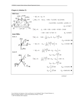 COSMOS: Complete Online Solutions Manual Organization System
Vector Mechanics for Engineers: Statics and Dynamics, 8/e, Ferdinand P. Beer, E. Russell Johnston, Jr.,
Elliot R. Eisenberg, William E. Clausen, David Mazurek, Phillip J. Cornwell
© 2007 The McGraw-Hill Companies.
Chapter 6, Solution 15.
FBD Truss:
Joint FBDs:
Joint A:
Joint B:
0: 0x xFΣ = =A
0: 8 ( 1 kN) 7 (1 kN) 6 (2.8 kN)A yM a J a aΣ = − − −
4 (4.5 kN) 2 (4 kN) (1 kN) 0a a a− − − =
6.7 kNy =J
0: 1 kN 1 kN 1.4 kN 4.5 kN 2.8 kNy yF AΣ = − − − − −
1 kN 1 kN + 6.7 kN = 0− − 6.0 kNy =A
3 5 13
0: 5 kN 0, kN
313
y AB ABF F FΣ = − = =
6.01 kN CABF = !
2 5 13
0: kN 0,
313
x ACF F
 
Σ = − =  
 
3.33 kN TACF = !
2 5 13
0: kN 0,
313
x BC BDF F F
 
Σ = − − =  
 
5 13
kN
3
BC BDF F+ =
3 5 13
0: kN 1 kN 0,
313
y BC BDF F F
 
Σ = + − − =  
 
4 13
kN
3
BD BCF F− =
3
13 kN
2
BDF = 5.41 kN CBDF = !
1
13 kN
6
BCF = 0.601 kN CBCF = !
continued
 