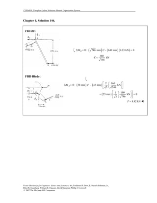COSMOS: Complete Online Solutions Manual Organization System
Vector Mechanics for Engineers: Statics and Dynamics, 8/e, Ferdinand P. Beer, E. Russell Johnston, Jr.,
Elliot R. Eisenberg, William E. Clausen, David Mazurek, Phillip J. Cornwell
© 2007 The McGraw-Hill Companies.
Chapter 6, Solution 146.
FBD BE:
FBD Blade:
( ) ( ) ( )0: 746 mm 640 mm 0.25 kN 0BM CΣ = − =
160
kN
746
C =
( ) ( )
2 160
0: 38 mm 47 mm kN
5 746
AM F
  
Σ = −   
  
( )
1 160
23 mm kN 0
5 746
  
− =  
  
8.82 kNF =
 