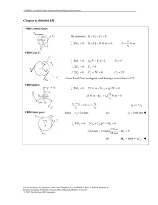 COSMOS: Complete Online Solutions Manual Organization System
Vector Mechanics for Engineers: Statics and Dynamics, 8/e, Ferdinand P. Beer, E. Russell Johnston, Jr.,
Elliot R. Eisenberg, William E. Clausen, David Mazurek, Phillip J. Cornwell
© 2007 The McGraw-Hill Companies.
Chapter 6, Solution 151.

FBD Central Gear:
FBD Gear C:
FBD Spider:
FBD Outer gear:
1 2 3By symmetry: = = =F F F F
( )0: 3 15 N m 0,A AM r FΣ = − ⋅ =
5
N m
A
F
r
= ⋅
( )40: 0,C BM r F FΣ = − = F4 = F
0: 0x xF C′ ′Σ = =
0: 2 0,y yF C F′ ′Σ = − = 2yC F′ =
Gears B and D are analogous, each having a central force of 2F
( )0: 75 N m 3 2 0A A BM r r FΣ = ⋅ − + =
( )
10
25 N m N m = 0A B
A
r r
r
⋅ − + ⋅
2.5 1 ,A B B
A A
r r r
r r
+
= = + 1.5B Ar r=
Since 24 mm,Ar = (a) 36.0 mmBr = !
( )0: 3 2 0A A B EM r r F MΣ = + − =
( )
5 N m
3 24 mm 72 mm 0
24 mm
EM
⋅
+ − =
(b) = 60.0 N mE ⋅M !
 
