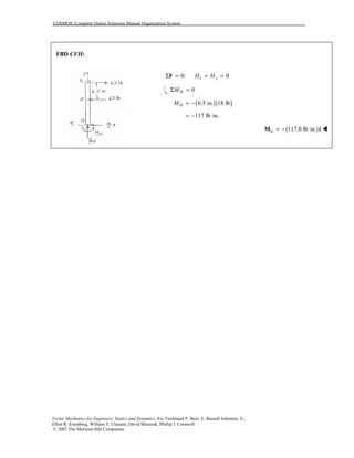 COSMOS: Complete Online Solutions Manual Organization System
Vector Mechanics for Engineers: Statics and Dynamics, 8/e, Ferdinand P. Beer, E. Russell Johnston, Jr.,
Elliot R. Eisenberg, William E. Clausen, David Mazurek, Phillip J. Cornwell
© 2007 The McGraw-Hill Companies.
FBD CFH:
0: 0z yH HΣ = = =F
0HMΣ =
( )( )6.5 in. 18 lbHM = −
117 lb in.= − ⋅
( )117.0 lb in.G = − ⋅M i !
 