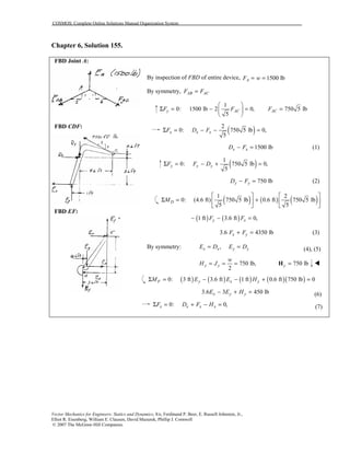 COSMOS: Complete Online Solutions Manual Organization System
Vector Mechanics for Engineers: Statics and Dynamics, 8/e, Ferdinand P. Beer, E. Russell Johnston, Jr.,
Elliot R. Eisenberg, William E. Clausen, David Mazurek, Phillip J. Cornwell
© 2007 The McGraw-Hill Companies.
Chapter 6, Solution 155.
FBD Joint A:
FBD CDF:
FBD EF:
By inspection of FBD of entire device, 1500 lbAF w= =
By symmetry, AB ACF F=
1
0: 1500 lb 2 0, 750 5 lb
5
y AC ACF F F
 
Σ = − = = 
 
( )2
0: 750 5 lb 0,
5
x x xF D FΣ = − − =
1500 lbx xD F− = (1)
( )1
0: 750 5 lb 0,
5
y y yF F DΣ = − + =
750 lby yD F− = (2)
( ) ( ) ( )1 2
0: (4.6 ft) 750 5 lb 0.6 ft 750 5 lb
5 5
DM
   
Σ = +   
   
( ) ( )1 ft 3.6 ft 0,y xF F− − =
3.6 4350 lbx yF F+ = (3)
By symmetry: ,x x y yE D E D= = (4), (5)
750 lb,
2
y y
w
H J= = = 750 lby =H !
( ) ( ) ( ) ( )( )0: 3 ft 3.6 ft 1 ft 0.6 ft 750 lb 0F y x yM E E HΣ = − − + =
3.6 3 450 lbx y yE E H− + = (6)
0: 0,x x x xF D F HΣ = + − = (7)
 