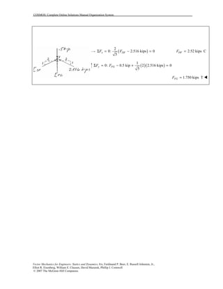 COSMOS: Complete Online Solutions Manual Organization System
Vector Mechanics for Engineers: Statics and Dynamics, 8/e, Ferdinand P. Beer, E. Russell Johnston, Jr.,
Elliot R. Eisenberg, William E. Clausen, David Mazurek, Phillip J. Cornwell
© 2007 The McGraw-Hill Companies.
( )
2
0: 2.516 kips 0
5
x DFF FΣ = − = 2.52 kips CDFF =
( )( )
1
0: 0.5 kip 2 2.516 kips 0
5
y FGF FΣ = − + =
1.750 kips TFGF = !
 