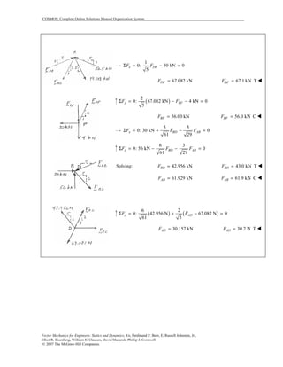 COSMOS: Complete Online Solutions Manual Organization System
Vector Mechanics for Engineers: Statics and Dynamics, 8/e, Ferdinand P. Beer, E. Russell Johnston, Jr.,
Elliot R. Eisenberg, William E. Clausen, David Mazurek, Phillip J. Cornwell
© 2007 The McGraw-Hill Companies.
1
0: 30 kN 0
5
x DFF FΣ = − =
67.082 kNDFF = 67.1 kN TDFF = !
( )
2
0: 67.082 kN 4 kN 0
5
y BFF FΣ = − − =
56.00 kNBFF = 56.0 kN CBFF = !
5 5
0: 30 kN 0
61 29
x BD ABF F FΣ = + − =
6 3
0: 56 kN 0
61 29
y BD ABF F FΣ = − − =
Solving: 42.956 kNBDF = 43.0 kN TBDF = !
61.929 kNABF = 61.9 kN CABF = !
( ) ( )
6 2
0: 42.956 N 67.082 N 0
61 5
y ADF FΣ = + − =
30.157 kNADF = 30.2 N TADF = !
 