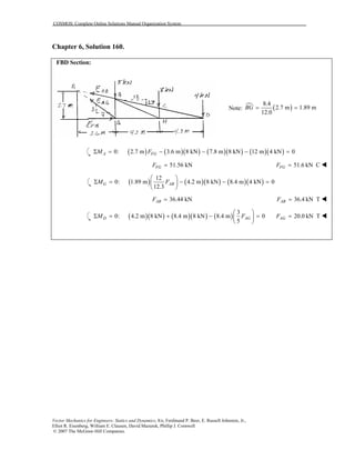 COSMOS: Complete Online Solutions Manual Organization System
Vector Mechanics for Engineers: Statics and Dynamics, 8/e, Ferdinand P. Beer, E. Russell Johnston, Jr.,
Elliot R. Eisenberg, William E. Clausen, David Mazurek, Phillip J. Cornwell
© 2007 The McGraw-Hill Companies.
Chapter 6, Solution 160.
FBD Section:
Note: ( )
8.4
2.7 m 1.89 m
12.0
BG = =
( ) ( )( ) ( )( ) ( )( )0: 2.7 m 3.6 m 8 kN 7.8 m 8 kN 12 m 4 kN 0Σ = − − − =A FGM F
51.56 kNFGF = 51.6 kN CFGF =
( ) ( )( ) ( )( )
12
0: 1.89 m 4.2 m 8 kN 8.4 m 4 kN 0
12.3
 
Σ = − − = 
 
G ABM F
36.44 kNABF = 36.4 kN TABF =
( )( ) ( )( ) ( )
3
0: 4.2 m 8 kN 8.4 m 8 kN 8.4 m 0
5
 
Σ = + − = 
 
D AGM F 20.0 kN TAGF =
 