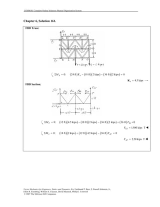 COSMOS: Complete Online Solutions Manual Organization System
Vector Mechanics for Engineers: Statics and Dynamics, 8/e, Ferdinand P. Beer, E. Russell Johnston, Jr.,
Elliot R. Eisenberg, William E. Clausen, David Mazurek, Phillip J. Cornwell
© 2007 The McGraw-Hill Companies.
Chapter 6, Solution 161.
FBD Truss:
( ) ( )( ) ( )( )0: 24 ft 18 ft 2 kips 36 ft 2 kips 0Σ = − − =A xM K
4.5 kipsx =K
FBD Section:
( )( ) ( )( ) ( )( ) ( )0: 12 ft 4.5 kips 18 ft 2 kips 36 ft 2 kips 36 ft 0Σ = − − + =F EJM F
1.500 kips TEJF =
( )( ) ( )( ) ( )0: 18 ft 2 kips 12 ft 4.5 kips 36 ft 0Σ = + − =J AFM F
2.50 kips TAFF =
 