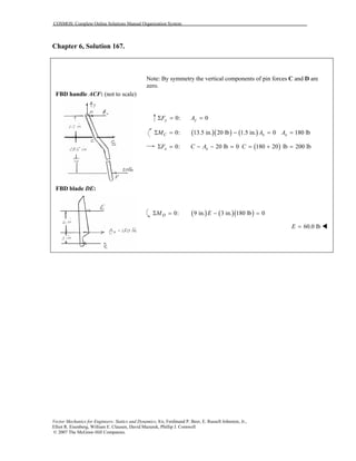 COSMOS: Complete Online Solutions Manual Organization System
Vector Mechanics for Engineers: Statics and Dynamics, 8/e, Ferdinand P. Beer, E. Russell Johnston, Jr.,
Elliot R. Eisenberg, William E. Clausen, David Mazurek, Phillip J. Cornwell
© 2007 The McGraw-Hill Companies.
Chapter 6, Solution 167.
FBD handle ACF: (not to scale)
FBD blade DE:
Note: By symmetry the vertical components of pin forces C and D are
zero.
0: 0Σ = =y yF A
( )( ) ( )0: 13.5 in. 20 lb 1.5 in. 0Σ = − =C xM A 180 lbxA =
0: 20 lb 0Σ = − − =x xF C A ( )180 20 lb 200 lbC = + =
( ) ( )( )0: 9 in. 3 in. 180 lb 0Σ = − =DM E
60.0 lbE =
 