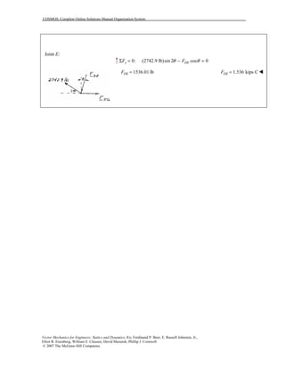 COSMOS: Complete Online Solutions Manual Organization System
Vector Mechanics for Engineers: Statics and Dynamics, 8/e, Ferdinand P. Beer, E. Russell Johnston, Jr.,
Elliot R. Eisenberg, William E. Clausen, David Mazurek, Phillip J. Cornwell
© 2007 The McGraw-Hill Companies.
Joint E:
0: (2742.9 lb)sin 2 cos 0y DEF Fθ θΣ = − =
1536.01 lbDEF = 1.536 kips CDEF = !
 
