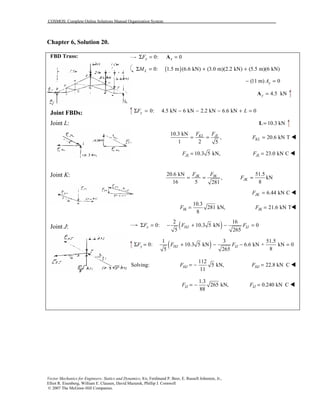 COSMOS: Complete Online Solutions Manual Organization System
Vector Mechanics for Engineers: Statics and Dynamics, 8/e, Ferdinand P. Beer, E. Russell Johnston, Jr.,
Elliot R. Eisenberg, William E. Clausen, David Mazurek, Phillip J. Cornwell
© 2007 The McGraw-Hill Companies.
Chapter 6, Solution 20.
FBD Truss:
Joint FBDs:
Joint L:
Joint K:
Joint J:
0: 0x xFΣ = =A
( )0: 1.5 m (6.6 kN) (3.0 m)(2.2 kN) (5.5 m)(6 kN)LMΣ = + +
(11 m) 0yA− =
4.5 kNy =A
0: 4.5 kN 6 kN 2.2 kN 6.6 kN 0yF LΣ = − − − + =
10.3 kN=L
10.3 kN
, 20.6 kN T
1 2 5
KL JL
KL
F F
F= = = !
10.3 5 kN,JLF = 23.0 kN CJLF = !
20.6 kN
,
16 5 281
JK IKF F
= =
51.5
kN
8
JKF =
6.44 kN CJKF = !
10.3
281 kN,
8
IKF = 21.6 kN TIKF = !
( )2 16
0: 10.3 5 kN 0
5 265
Σ = − + − =x HJ IJF F F
( )1 3 51.5
0: 10.3 5 kN 6.6 kN + kN 0
85 265
y HJ IJF F FΣ = + − − =
Solving:
112
5 kN,
11
HJF = − 22.8 kN CHJF = !
1.3
265 kN,
88
IJF = − 0.240 kN CIJF = !
 