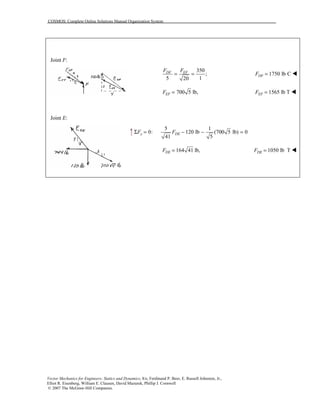 COSMOS: Complete Online Solutions Manual Organization System
Vector Mechanics for Engineers: Statics and Dynamics, 8/e, Ferdinand P. Beer, E. Russell Johnston, Jr.,
Elliot R. Eisenberg, William E. Clausen, David Mazurek, Phillip J. Cornwell
© 2007 The McGraw-Hill Companies.
Joint F:
Joint E:
350
;
5 120
DF EFF F
= = 1750 lb CDFF = !
700 5 lb,EFF = 1565 lb TEFF = !
5 1
0: 120 lb (700 5 lb) 0
41 5
y DEF FΣ = − − =
164 41 lb,DEF = 1050 lb TDEF = !
 