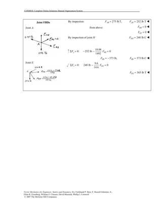 COSMOS: Complete Online Solutions Manual Organization System
Vector Mechanics for Engineers: Statics and Dynamics, 8/e, Ferdinand P. Beer, E. Russell Johnston, Jr.,
Elliot R. Eisenberg, William E. Clausen, David Mazurek, Phillip J. Cornwell
© 2007 The McGraw-Hill Companies.
Joint FBDs
Joint A:
Joint E:
By inspection: 275 lbT,ABF = 252 lb TAEF = !
from above: 0DEF = !
0EFF = !
By inspection of joint H 240 lb CEHF = !
10.08
0: 252 lb 0
1492
y BEF FΣ = − − =
373 lb,BEF = − 373 lb CBEF = !
9.6
0: 240 lb 0
14.6
z EGF FΣ = − =
365 lb TEGF = !
 