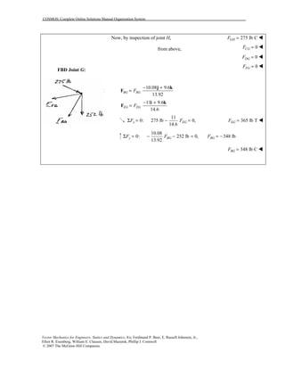 COSMOS: Complete Online Solutions Manual Organization System
Vector Mechanics for Engineers: Statics and Dynamics, 8/e, Ferdinand P. Beer, E. Russell Johnston, Jr.,
Elliot R. Eisenberg, William E. Clausen, David Mazurek, Phillip J. Cornwell
© 2007 The McGraw-Hill Companies.
FBD Joint G:
Now, by inspection of joint H, 275 lb CGHF = !
from above, 0CGF = !
0DGF = !
0FGF = !
10.08 9.6
13.92
BG BGF
− +
=
j k
F
11 9.6
14.6
EG EGF
− +
=
i k
F
11
0: 275 lb 0,
14.6
x EGF FΣ = − = 365 lb TEGF = !
10.08
0: 252 lb 0, 348 lb
13.92
y BG BGF F FΣ = − − = = −
348 lb CBGF = !
 