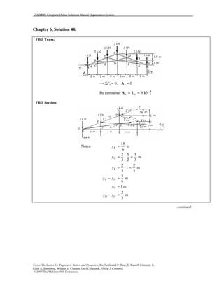 COSMOS: Complete Online Solutions Manual Organization System
Vector Mechanics for Engineers: Statics and Dynamics, 8/e, Ferdinand P. Beer, E. Russell Johnston, Jr.,
Elliot R. Eisenberg, William E. Clausen, David Mazurek, Phillip J. Cornwell
© 2007 The McGraw-Hill Companies.
Chapter 6, Solution 48.
FBD Truss:
0: 0x xFΣ = =A
By symmetry: 6 kNy y= =A L
FBD Section:
Notes:
15
m
6
2 5 5
m
3 2 3
2 2
1 m
3 3
5
m
6
1 m
2
m
3
F
D
E
F D
G
D G
y
y
y
y y
y
y y
=
= ⋅ =
= ⋅ =
− =
=
− =
continued
 