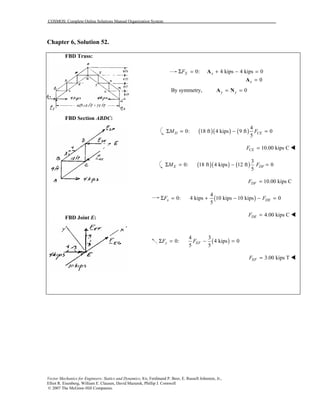COSMOS: Complete Online Solutions Manual Organization System
Vector Mechanics for Engineers: Statics and Dynamics, 8/e, Ferdinand P. Beer, E. Russell Johnston, Jr.,
Elliot R. Eisenberg, William E. Clausen, David Mazurek, Phillip J. Cornwell
© 2007 The McGraw-Hill Companies.
Chapter 6, Solution 52.
FBD Truss:
FBD Section ABDC:
FBD Joint E:
0: 4 kips 4 kips 0X xFΣ = + − =A
0x =A
By symmetry, 0y y= =A N
( )( ) ( )
4
0: 18 ft 4 kips 9 ft 0
5
D CEM FΣ = − =
10.00 kips CCEF = !
( )( ) ( )
3
0: 18 ft 4 kips 12 ft 0
5
E DFM FΣ = − =
10.00 kips CDFF =
( )
4
0: 4 kips 10 kips 10 kips 0
5
x DEF FΣ = + − − =
4.00 kips CDEF = !
( )
4 3
0: 4 kips 0
5 5
y EFF FΣ = − =
3.00 kips TEFF = !
 