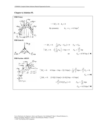 COSMOS: Complete Online Solutions Manual Organization System
Vector Mechanics for Engineers: Statics and Dynamics, 8/e, Ferdinand P. Beer, E. Russell Johnston, Jr.,
Elliot R. Eisenberg, William E. Clausen, David Mazurek, Phillip J. Cornwell
© 2007 The McGraw-Hill Companies.
Chapter 6, Solution 55.
FBD Truss:
FBD Joint K:
FBD Section ABEIJ:
0: 0x xFΣ = =A
By symmetry: 4.5 kipsy y= =A v
( )
1
0: 0
2
x IK KNF F FΣ = − = IK KNF F=
1
Σ 0: 2 1 kip 0
2
y IKF F
 
= − = 
 
2
kip
2
IKF =
so 0.707 kip CIKF = !
( )
1 2 3
0: 4.5 kips 1 kip 2 1.5 kips kips 0,
2 22
y JLF FΣ = − − − + =
0JLF = !
( )( ) ( )( )0: 3 ft 1.5 kips 6 ft 1 kip 4.5 kipsIMΣ = + −
( )( )
3
3 ft 0
2
JMF+ =
11
kips
3
JMF =
6.35 kips TJMF = !
 