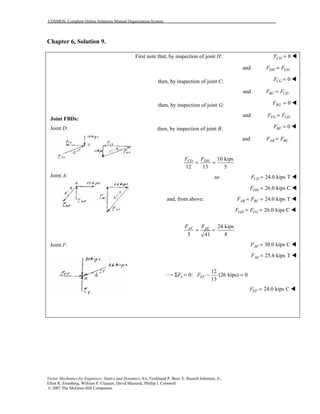 COSMOS: Complete Online Solutions Manual Organization System
Vector Mechanics for Engineers: Statics and Dynamics, 8/e, Ferdinand P. Beer, E. Russell Johnston, Jr.,
Elliot R. Eisenberg, William E. Clausen, David Mazurek, Phillip J. Cornwell
© 2007 The McGraw-Hill Companies.
Chapter 6, Solution 9.
Joint FBDs:
Joint D:
Joint A:
Joint F:
First note that, by inspection of joint H: 0CHF = !
and DH GHF F=
then, by inspection of joint C: 0CGF = !
and BC CDF F=
then, by inspection of joint G: 0BGF = !
and FG GHF F=
then, by inspection of joint B: 0BFF = !
and AB BCF F=
10 kips
12 13 5
CD DHF F
= =
so 24.0 kips TCDF = !
26.0 kips CDHF = !
and, from above: 24.0 kips TAB BCF F= = !
26.0 kips CGH FGF F= = !
24 kips
5 441
AF AEF F
= =
30.0 kips CAFF = !
25.6 kips TAEF = !
12
0: (26 kips) 0
13
x EFF FΣ = − =
24.0 kips CEFF = !
 
