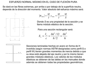 ESFUERZO NORMAL MÁXIMO EN EL CASO DE FLEXIÓN PURA Se dará en las fibras extremas, por arriba o por debajo de la superficie neutra, depende de la dirección del momento. Valor absoluto del esfuerzo máximo será: Donde  S  es una propiedad de la sección y se llama módulo elástico de la sección. Para una sección rectangular será: Secciones laminadas hechas en acero en forma de H invertida (según normas ASTM designadas como perfil S o perfil W) tienen grandes momentos de inercia debido a que su área está alejada del eje neutro y por lo mismo tienen grandes módulos elásticos. Los valores de los módulos elásticos se obtienen de las tablas en los manuales donde además se obtienen todas las propiedades geométricas. 