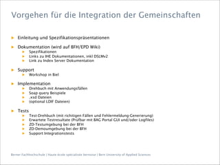 Berner Fachhochschule | Haute école spécialisée bernoise | Bern University of Applied Sciences
▶  Einleitung und Spezifikationspräsentationen
▶  Dokumentation (wird auf BFH/EPD Wiki)
▶  Spezifikationen
▶  Links zu IHE Dokumentationen, inkl DSLMv2
▶  Link zu Index Server Dokumentation
▶  Support
▶  Workshop in Biel
▶  Implementation
▶  Drehbuch mit Anwendungsfällen
▶  Soap query Beispiele
▶  .xsd Dateien
▶  (optional LDIF Dateien)
▶  Tests
▶  Test-Drehbuch (mit richitigen Fällen und Fehlermeldung-Generierung)
▶  Erwartete Testresultate (Prüfbar mit BAG Portal GUI und/oder Logfiles)
▶  ZD-Testumgebung bei der BFH
▶  ZD-Demoumgebung bei der BFH
▶  Support Integrationstests
Vorgehen für die Integration der Gemeinschaften
 