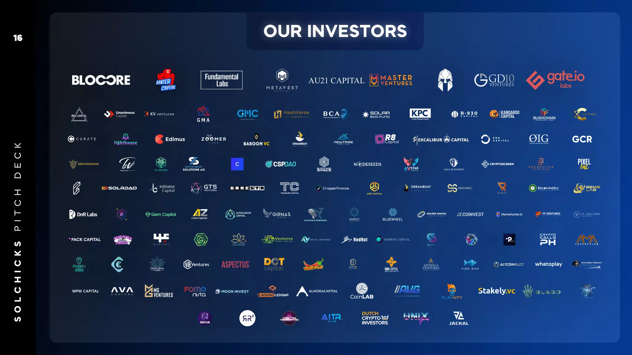 OUR INVESTORS
S
O
L
C
H
I
C
K
S
P
I
T
C
H
D
E
C
K
16
 