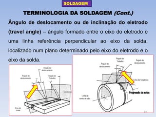 TERMINOLOGIA DA SOLDAGEM (Cont.) 
Ângulo de deslocamento ou de inclinação do eletrodo (travel angle) – ângulo formado entre o eixo do eletrodo e uma linha referência perpendicular ao eixo da solda, localizado num plano determinado pelo eixo do eletrodo e o eixo da solda. 
SOLDAGEM 
14  