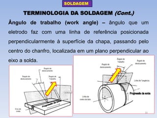 TERMINOLOGIA DA SOLDAGEM (Cont.) 
Ângulo de trabalho (work angle) – ângulo que um eletrodo faz com uma linha de referência posicionada perpendicularmente à superfície da chapa, passando pelo centro do chanfro, localizada em um plano perpendicular ao eixo a solda. 
SOLDAGEM 
16  