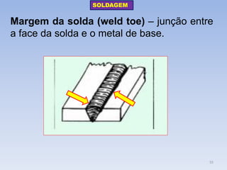 Margem da solda (weld toe) – junção entre a face da solda e o metal de base. 
SOLDAGEM 
55  
