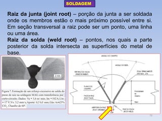 Raiz da junta (joint root) – porção da junta a ser soldada onde os membros estão o mais próximo possível entre si. Em seção transversal a raiz pode ser um ponto, uma linha ou uma área. 
Raiz da solda (weld root) – pontos, nos quais a parte posterior da solda intersecta as superfícies do metal de base. 
SOLDAGEM 
73  